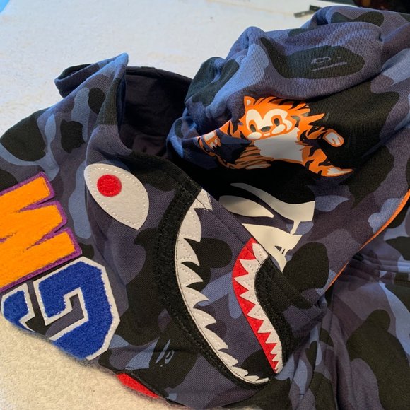 Bape BLUE Camo Tiger Shark Wide Full Zip Double Hood Hoodie LARGE Bathing Ape - Picture 12 of 16